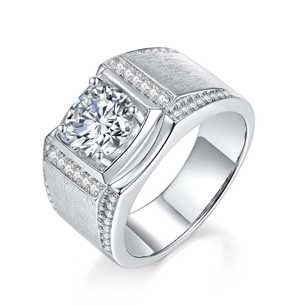 Glojewels Vintage Side Stones 1ct White Moissanite Round Cut Silver Men's Ring