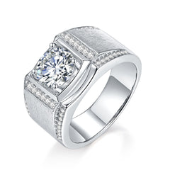 Glojewels Vintage Side Stones 1ct White Moissanite Round Cut Silver Men's Ring