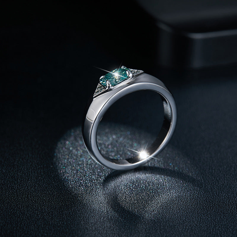Glojewels Three Stone 1ct Blue-green Moissanite Oval Cut Silver Ring