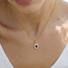 Glojewels Two Tone  Bright Sun Design Natural Garnet Oval Cut Silver Pendant Necklace