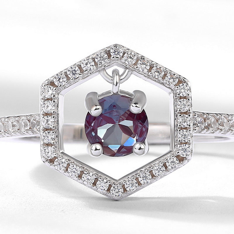 Glojewels Halo Half Eternity Alexandrite Round Cut Silver Ring