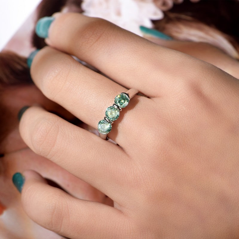 Glojewels Three Stone 1.5ctw Blue-green Moissanite Round Cut Silver Ring