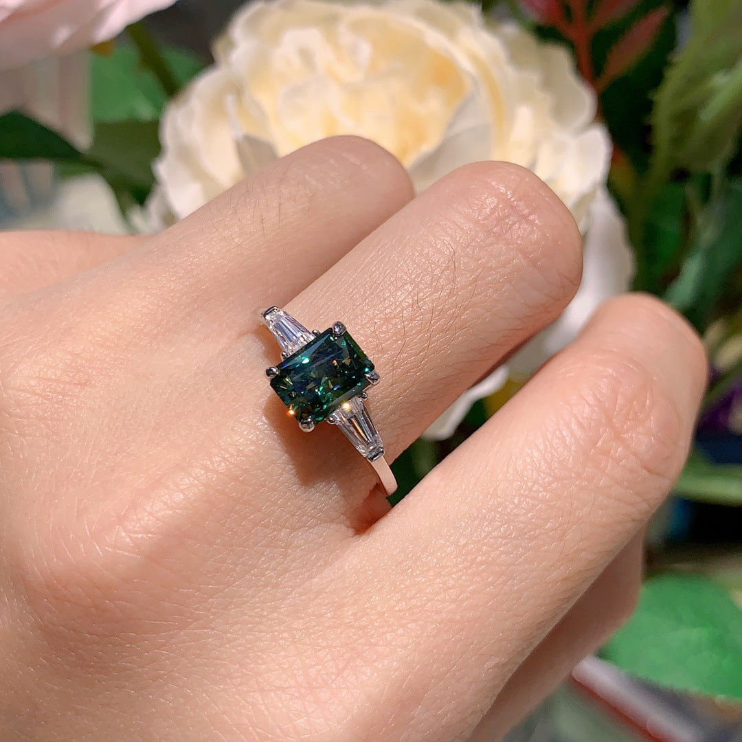 Glojewels Three Stone 2ct Green Moissanite Radiant Cut Silver Ring