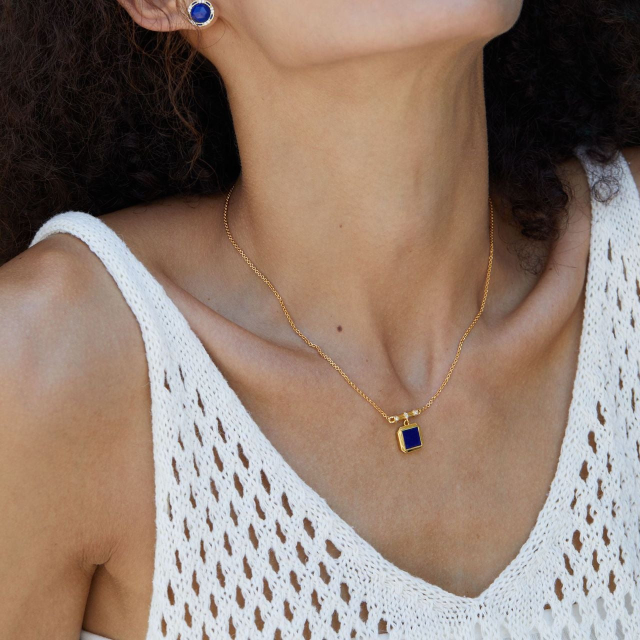 Glojewels Gold Square Minimalist Design Natural Lapis Lazuli Princess Cut Silver Pendant Necklace