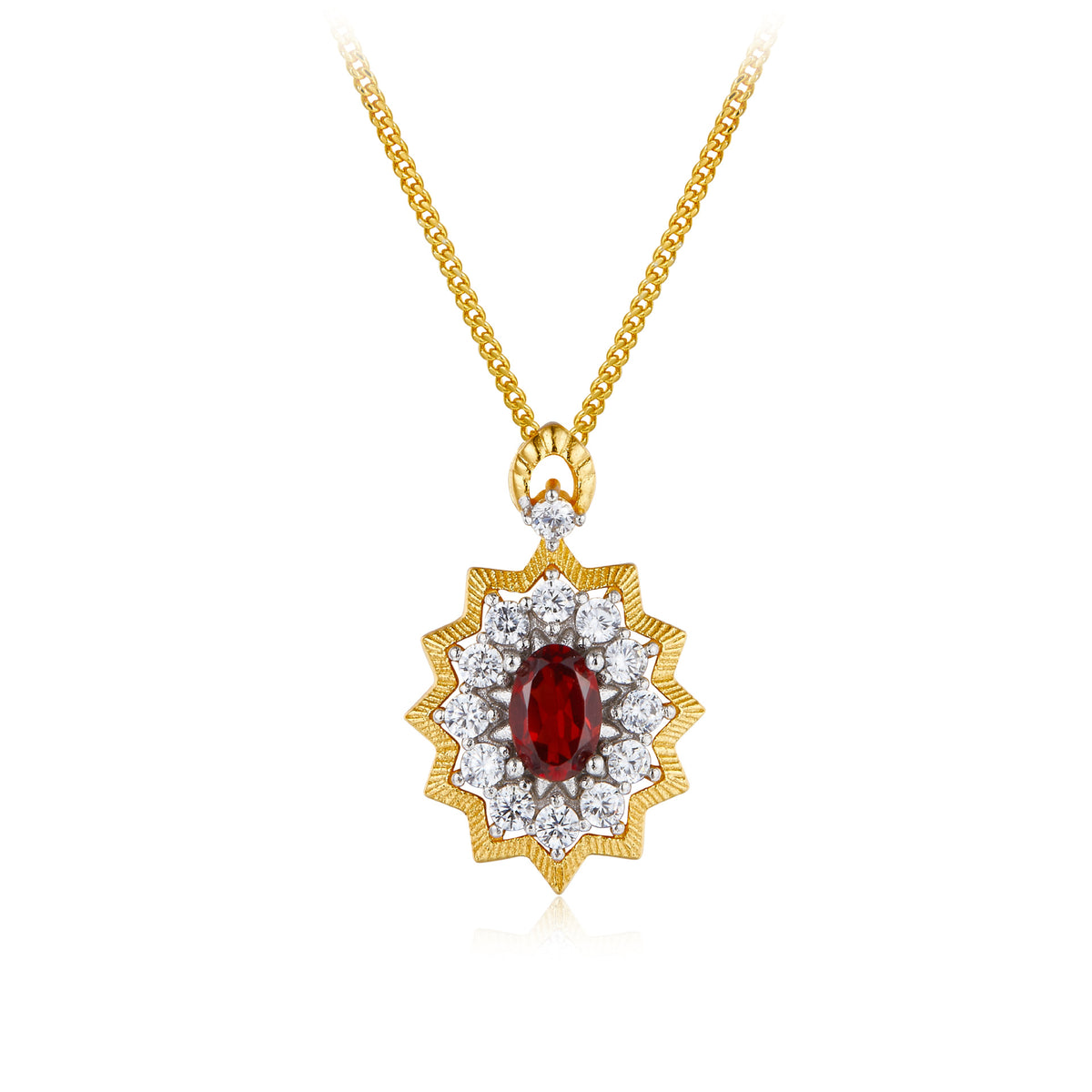 Glojewels Two Tone  Bright Sun Design Natural Garnet Oval Cut Silver Pendant Necklace