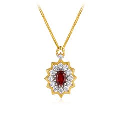 Glojewels Two Tone  Bright Sun Design Natural Garnet Oval Cut Silver Pendant Necklace