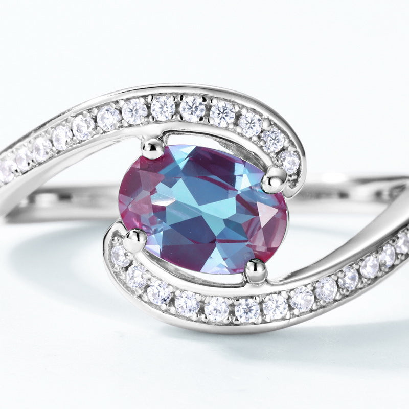 Glojewels Bypass Classical Alexandrite Oval Cut Silver Ring
