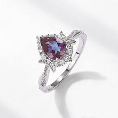 Glojewels 2pc Halo Twist Pearl Alexandrite Pear Cut Silver Ring Set