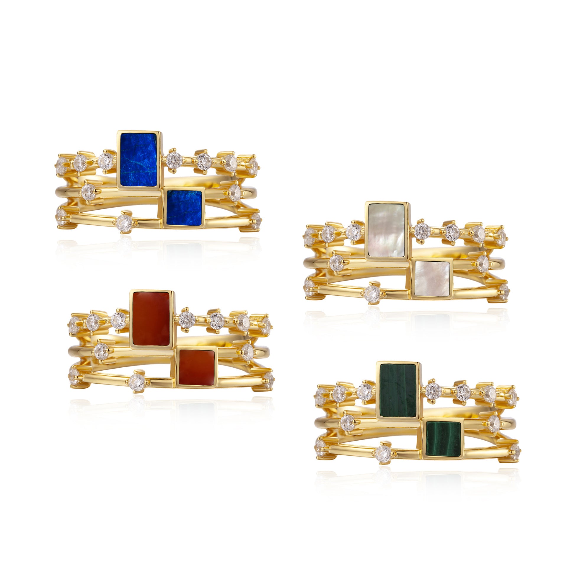 Glojewels Gold Square Double Row Design Natural Red Onyx Princess Cut Silver Ring