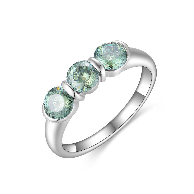 Glojewels Three Stone 1.5ctw Blue-green Moissanite Round Cut Silver Ring