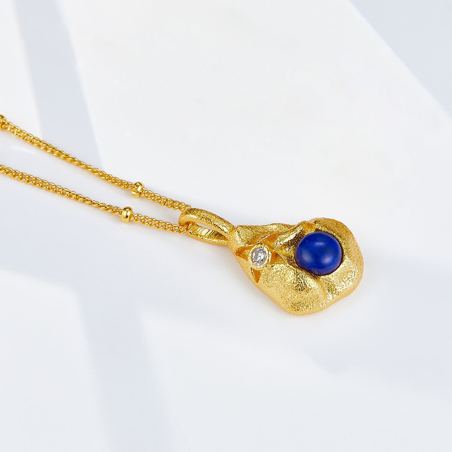 Glojewels Gold Art Deco Natural Lapis Lazuli Round Cut Silver Pendant Necklace