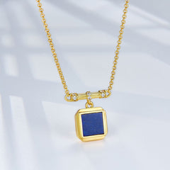 Glojewels Gold Square Minimalist Design Natural Lapis Lazuli Princess Cut Silver Pendant Necklace