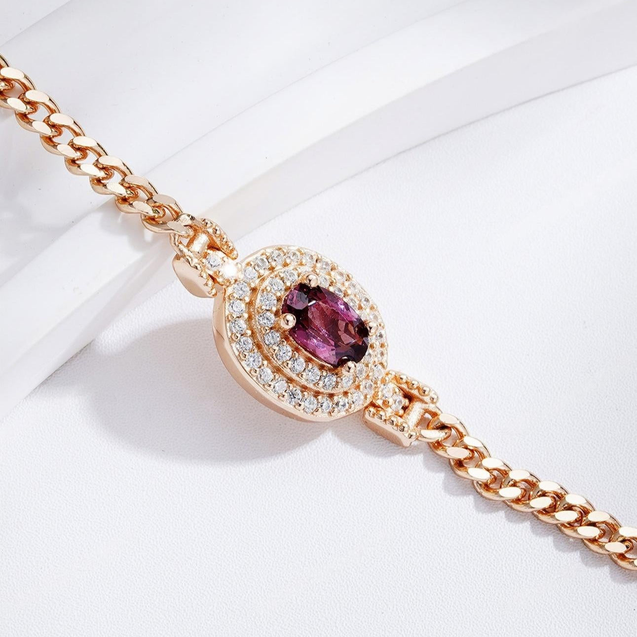 Glojewels Champagne Gold Double Halo Natural Garnet Oval Cut Silver Bracelet
