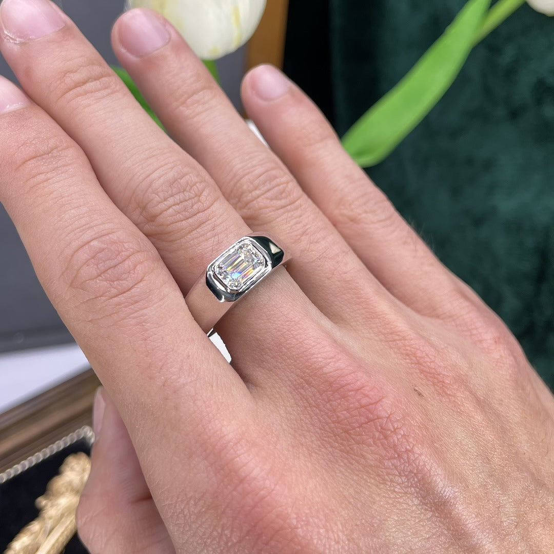 Glojewels Solitaire Classical 1ct White Moissanite Emerald Cut Silver Ring