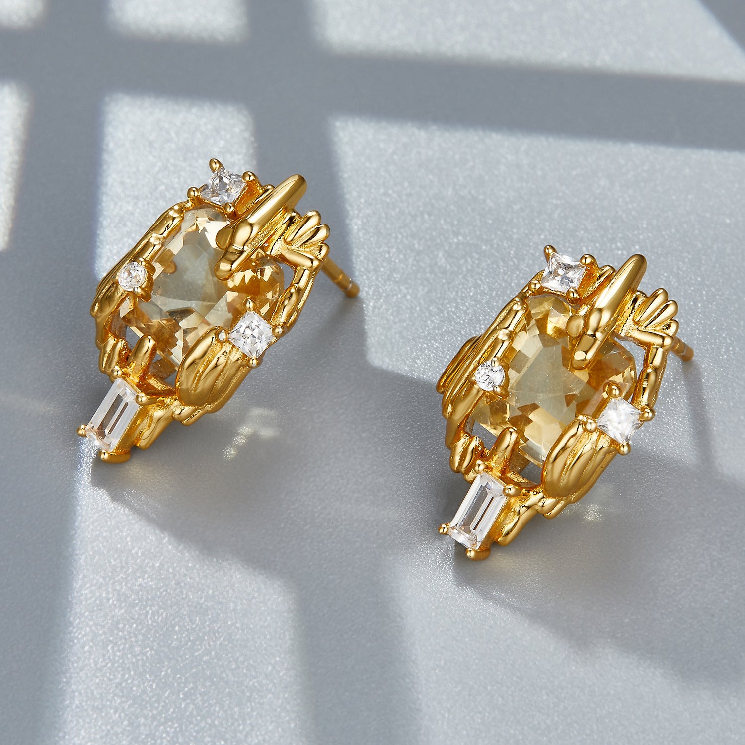 Glojewels Gold Art Deco Natural Citrine Asscher Cut Silver Stud Earring