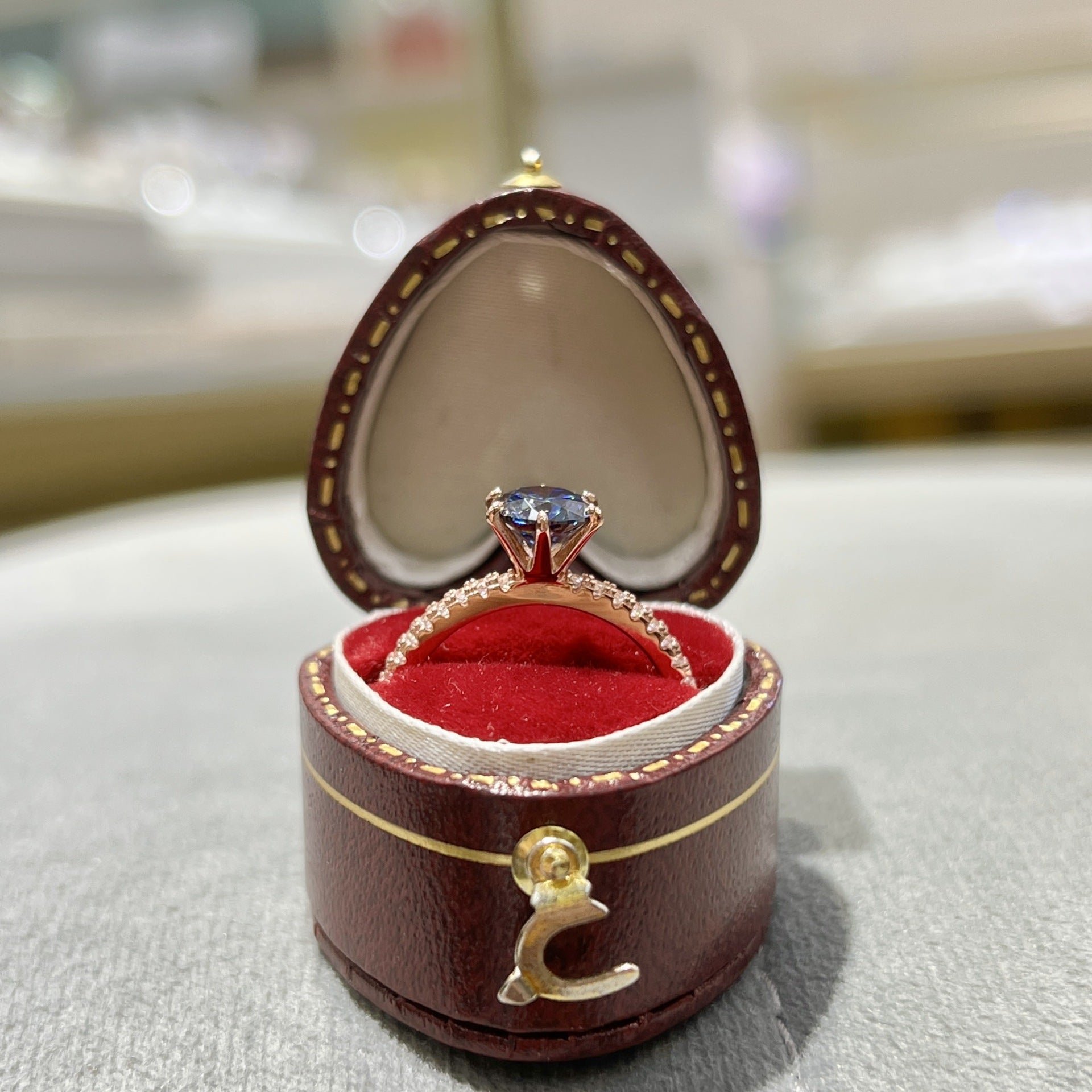 Glojewels Rose Gold Half Eternity 1ct Blue Moissanite Round Cut Silver Ring