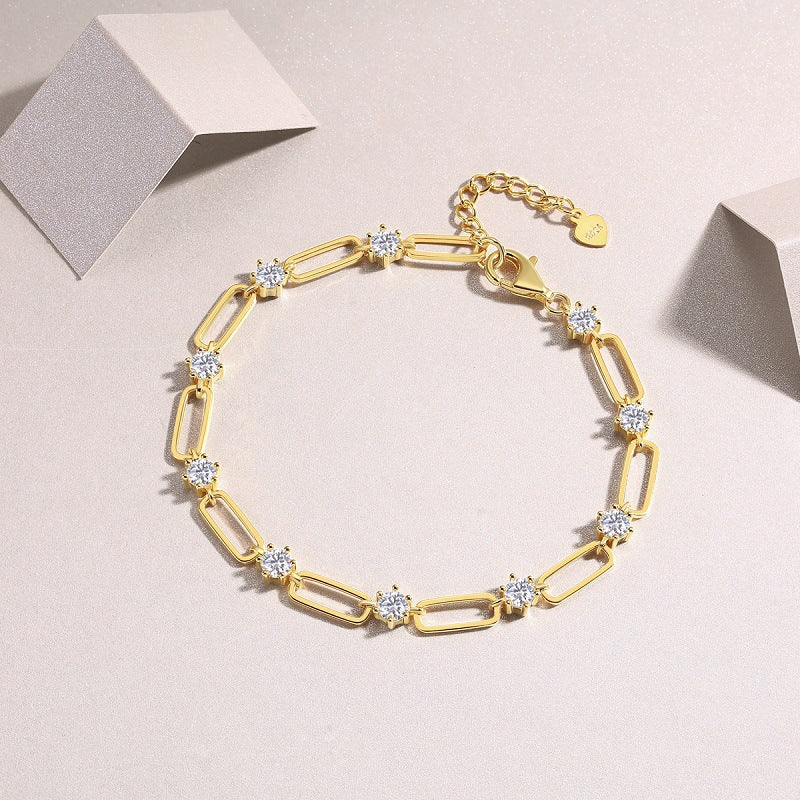Glojewels Gold Simple Adjustable White 0.3ct Moissanite Round Cut Silver Chain Bracelet