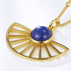 Glojewels Gold Fan Design Natural Lapis Lazuli Round Cut Silver Pendant Necklace
