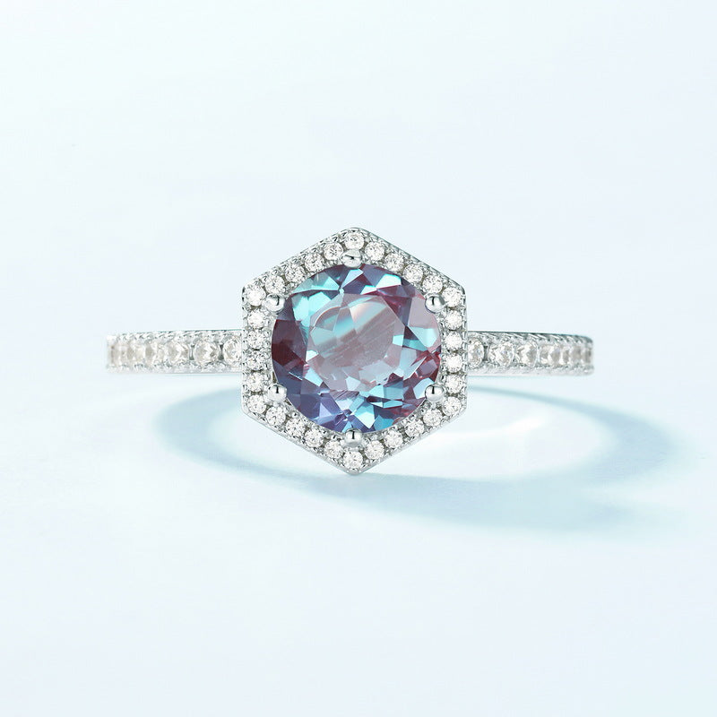 Glojewels Halo Half Eternity Alexandrite Round Cut Silver Ring