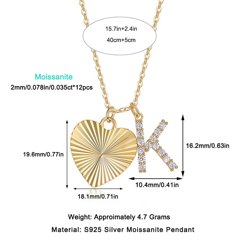 Glojewels Gold Heart Letter K White Moissanite Round Cut Silver Double Pendant Necklace