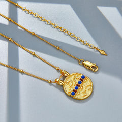 Glojewels Gold Relief Natural Lapis Lazuli Round Cut Silver Pendant Necklace