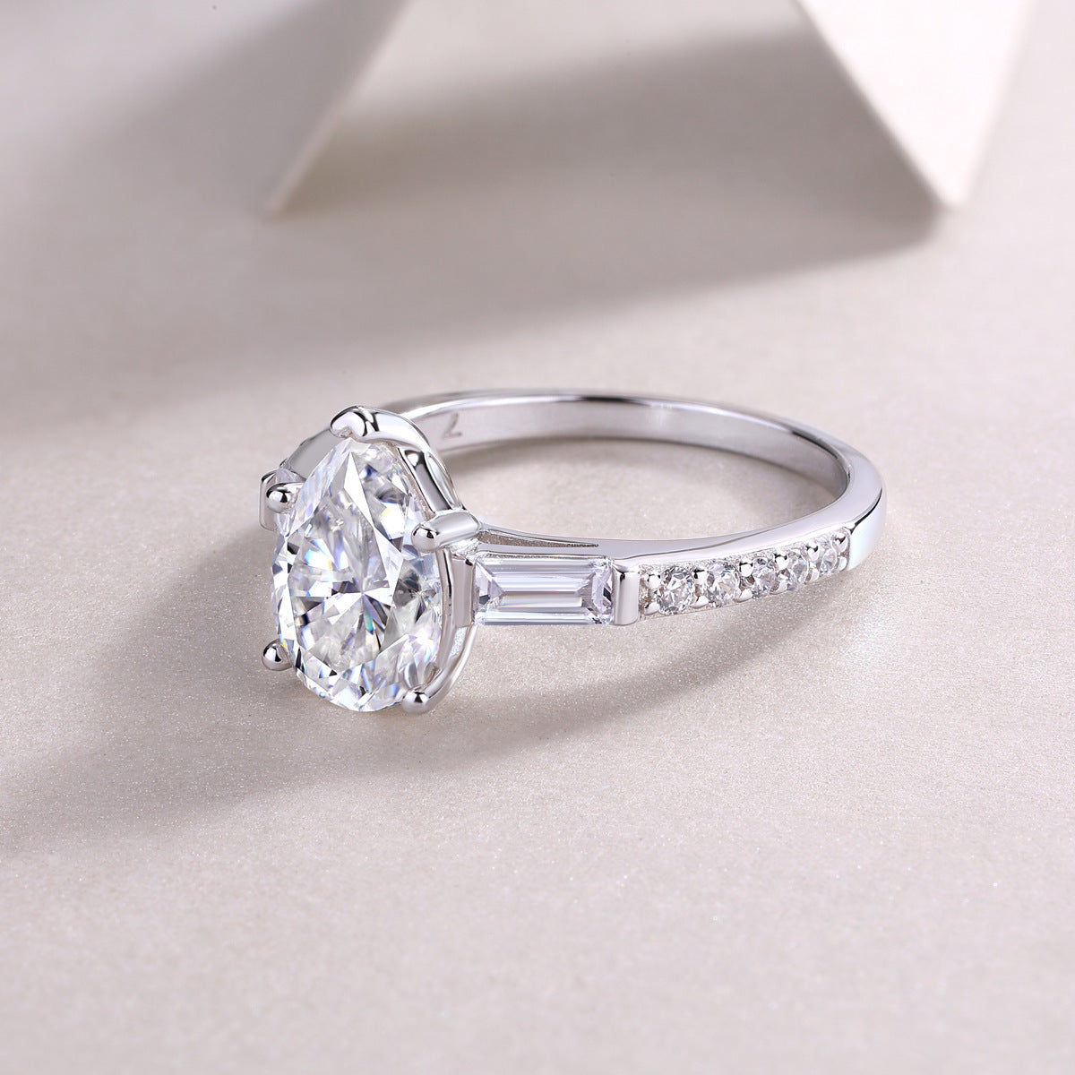 Glojewels Three Stone White Sapphire 1.5ct Moissanite Pear Cut Silver Ring