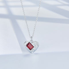 Glojewels Heart Tinfoil Texture Natural Garnet Emerald Cut Silver Pendant Necklace
