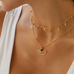 Glojewels Gold Fan Design Natural Lapis Lazuli Round Cut Silver Pendant Necklace