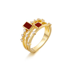 Glojewels Gold Square Double Row Design Natural Red Onyx Princess Cut Silver Ring