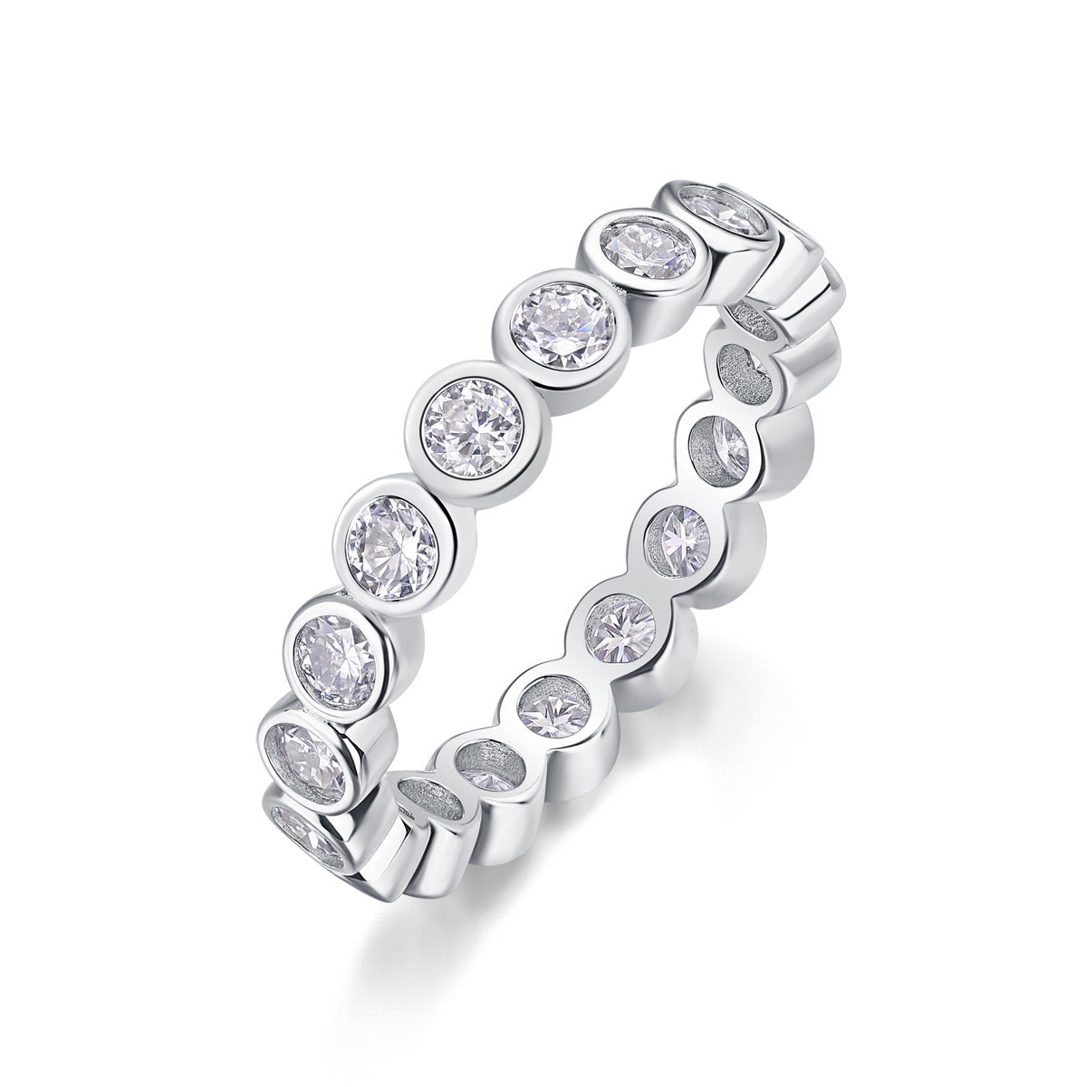 Glojewels Simple Eternity White Sapphire Moissanite Round Cut Silver Band Ring
