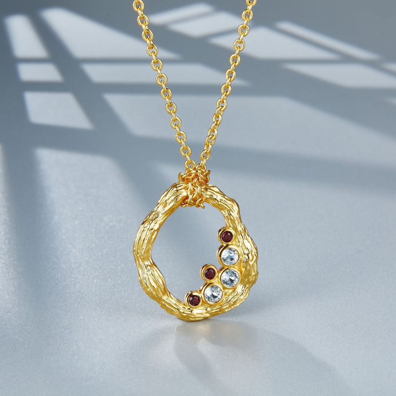 Glojewels Gold Vine Design Natural Garnet & Topaz Round Cut Silver Pendant Necklace