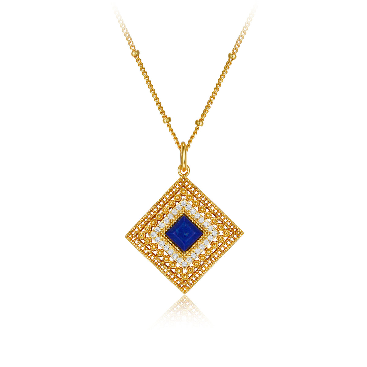Glojewels Gold Halo Hollow Design Natural Lapis Lazuli Princess Cut Silver Pendant Necklace