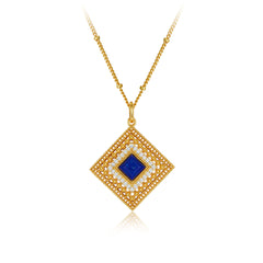 Glojewels Gold Halo Hollow Design Natural Lapis Lazuli Princess Cut Silver Pendant Necklace