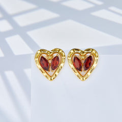 Glojewels Gold Heart Natural Garnet Marquise Cut Silver Stud Earring