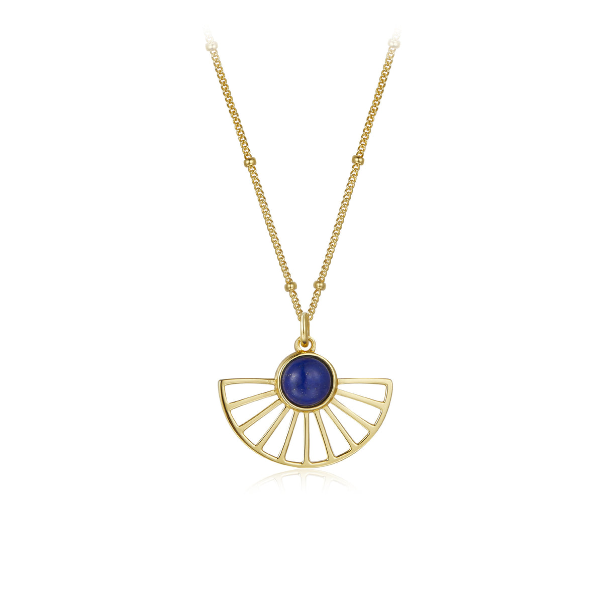 Glojewels Gold Fan Design Natural Lapis Lazuli Round Cut Silver Pendant Necklace