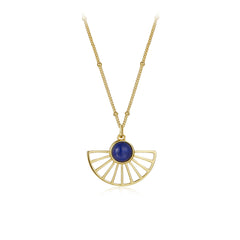 Glojewels Gold Fan Design Natural Lapis Lazuli Round Cut Silver Pendant Necklace