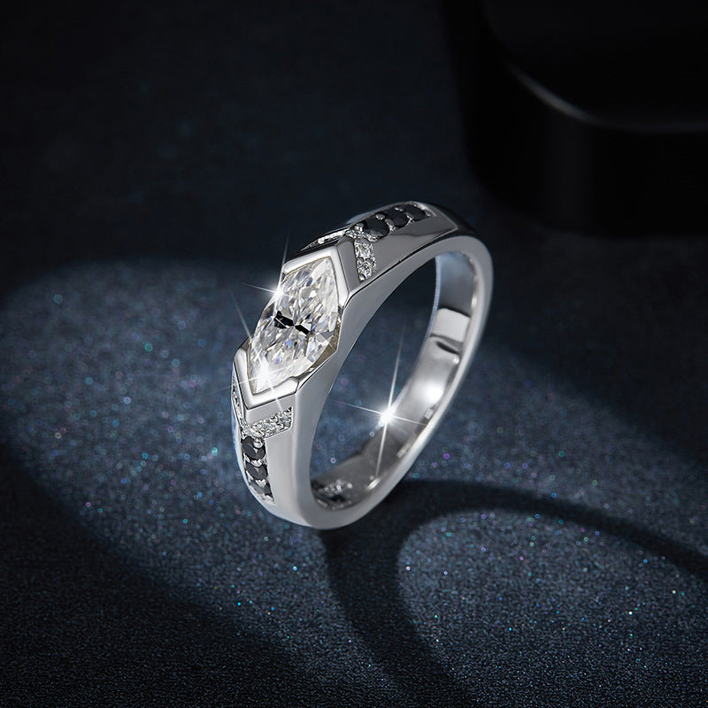 Glojewels Vintage 1ct White&Black Moissanite Marquise Cut Silver Ring