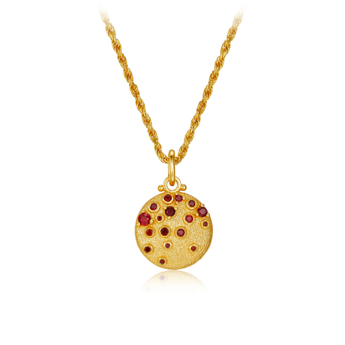 Glojewels Gold Texture Design Natural Garnet Round Cut Silver Twist Chain Pendant Necklace