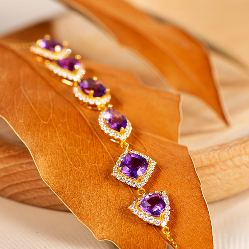 Glojewels Gold Halo Irregular Natural Amethyst Silver Bracelet