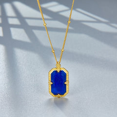 Glojewels Gold Blue Mirror Natural Lapis Lazuli Emerald Cut Silver Pendant Necklace