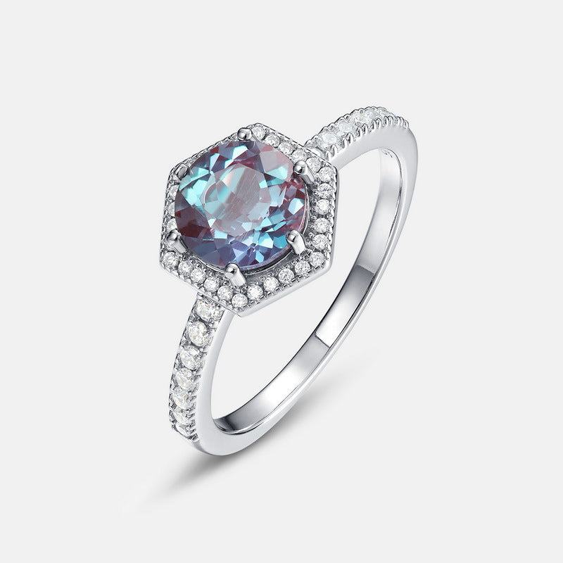 Glojewels Halo Half Eternity Alexandrite Round Cut Silver Ring