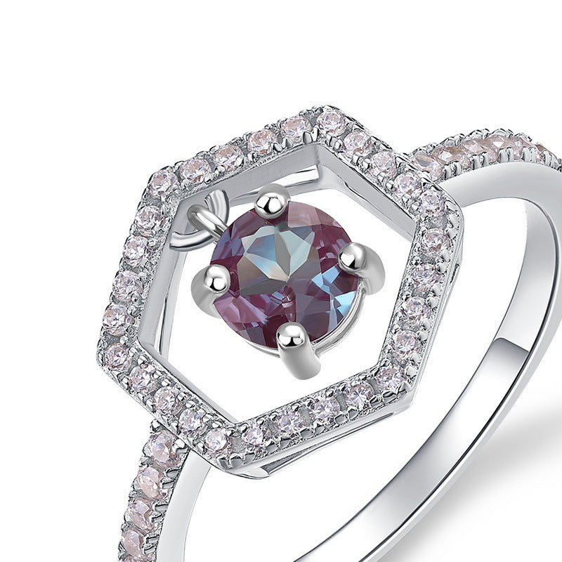 Glojewels Halo Half Eternity Alexandrite Round Cut Silver Ring
