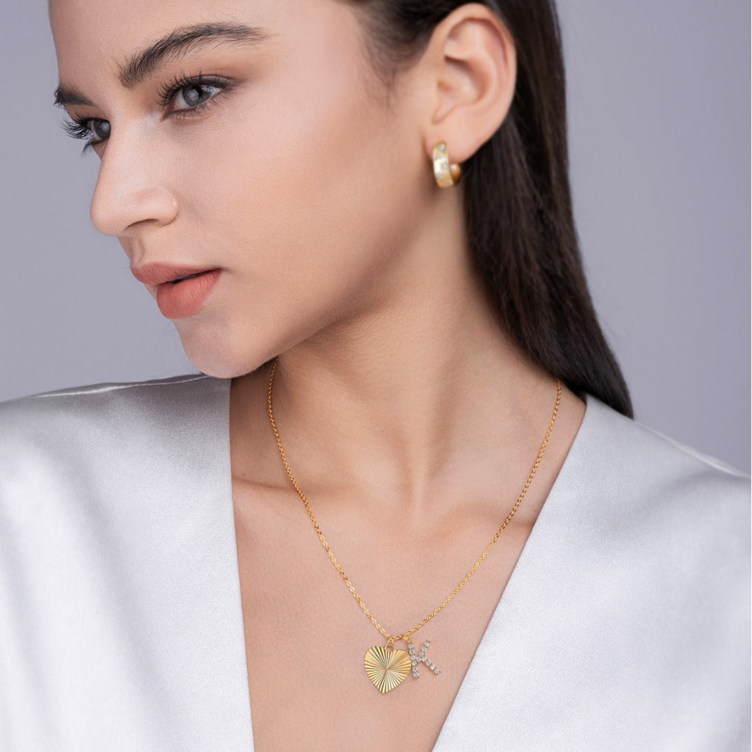 Glojewels Gold Heart Letter K White Moissanite Round Cut Silver Double Pendant Necklace