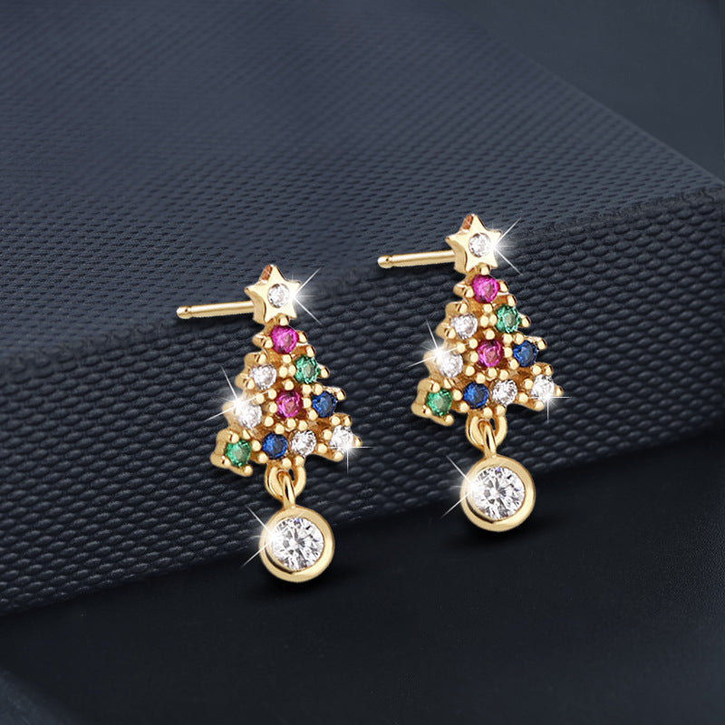 Glojewels Christmas Tree Gold Rainbow 0.3ct White Moissanite Round Cut Silver Drop Earring