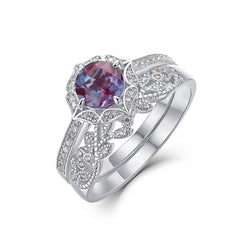 Glojewels 2pc Vintage Leaf Alexandrite Round Cut Silver Ring Set