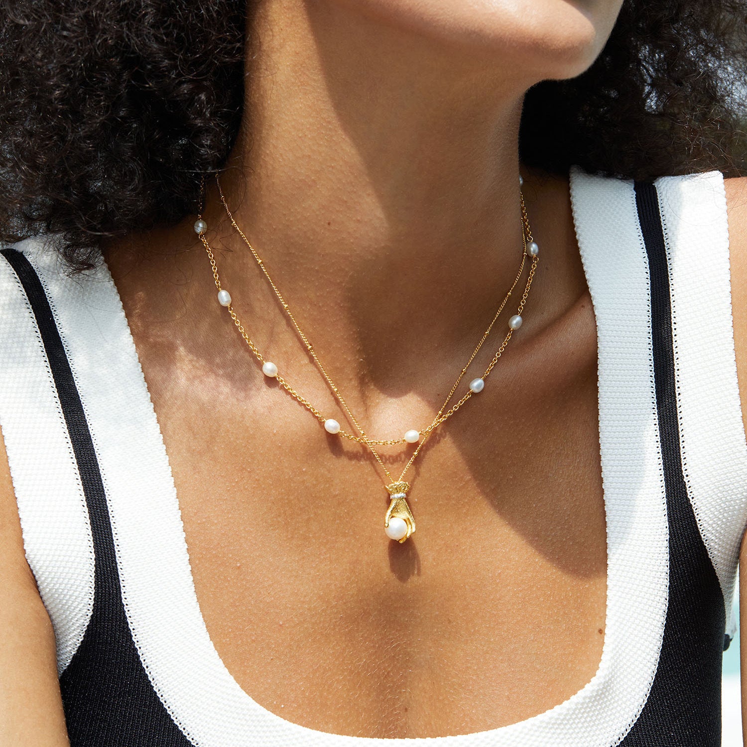 Glojewels Gold Simple Natural Freshwater Pearls Silver Beaded Necklace