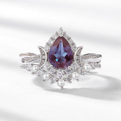 Glojewels 2pc Halo Twist Pearl Alexandrite Pear Cut Silver Ring Set