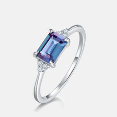 Glojewels Three Stone Alexandrite Emerald Cut Silver Ring