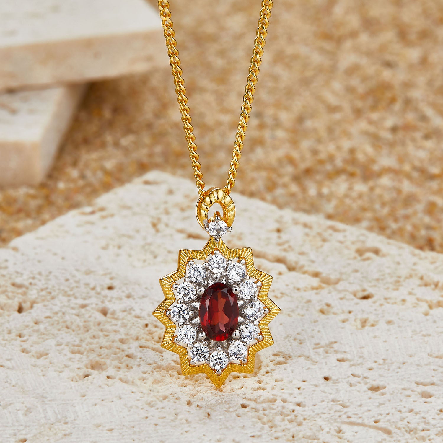 Glojewels Two Tone  Bright Sun Design Natural Garnet Oval Cut Silver Pendant Necklace