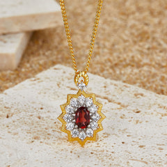 Glojewels Two Tone  Bright Sun Design Natural Garnet Oval Cut Silver Pendant Necklace